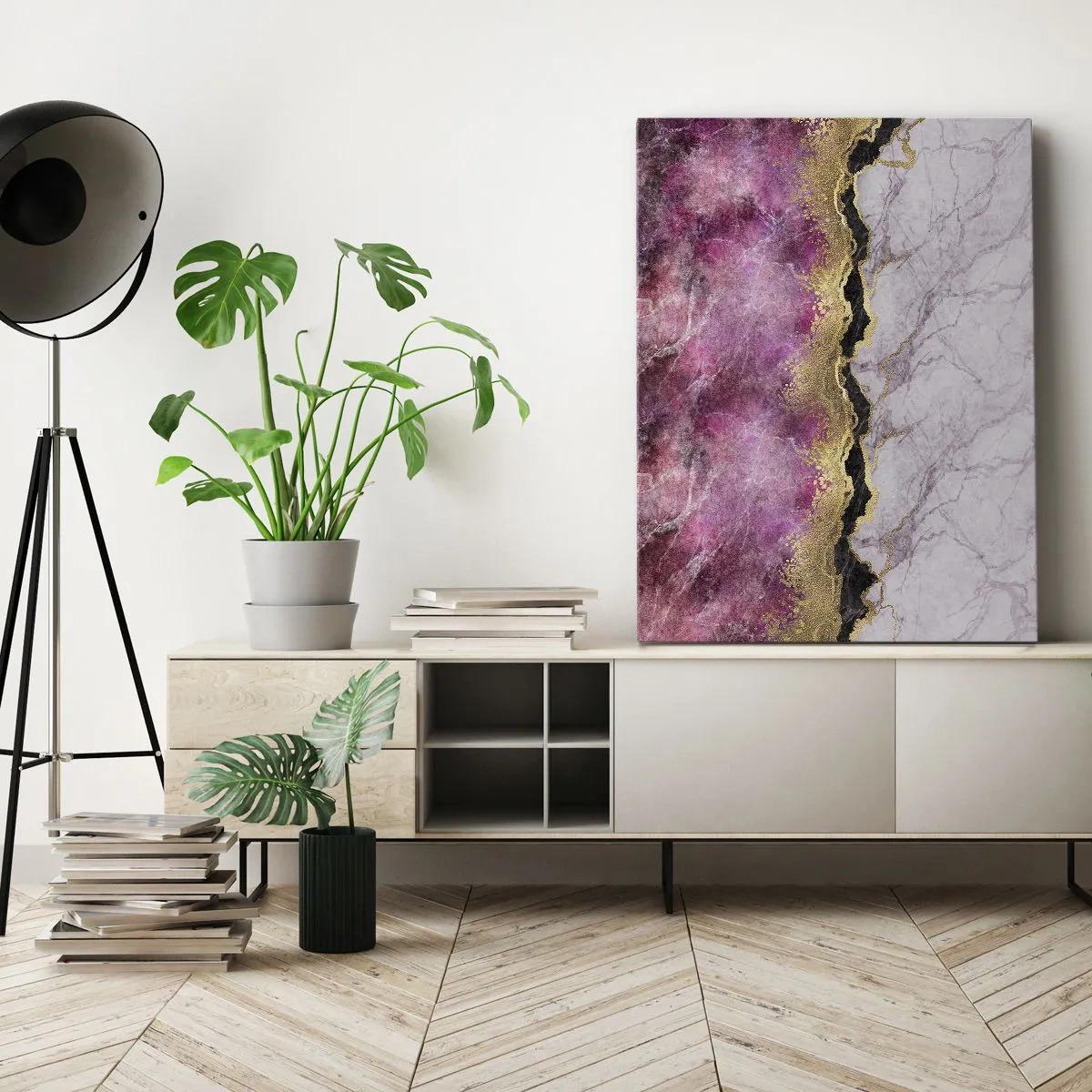 Bild auf Leinwand - Leinwandbild - Abstrakter Marmor in Rosatönen mit goldenen Akzenten - 80x120cm - An der Grenze - Moderne Wanddekoration für Wohnzimmer und Schlafzimmer ARTTOR