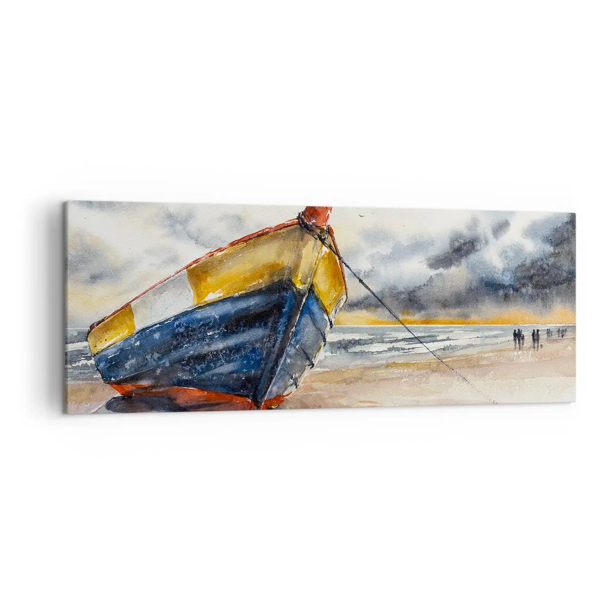 Bild auf Leinwand - Leinwandbild - Ein malerisches Boot am Strand unter einem bewölkten Himmel - 140x50cm - Erholung am Ufer - Moderne Wanddekoration für Wohnzimmer und Schlafzimmer ARTTOR