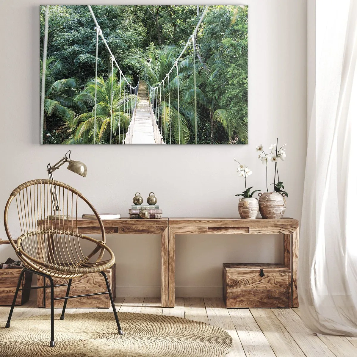 Bild auf Leinwand - Leinwandbild - Eine Hängebrücke in einem tropischen Dschungel voller Grün - 70x50cm - Willkommen im Dschungel! - Moderne Wanddekoration für Wohnzimmer und Schlafzimmer ARTTOR