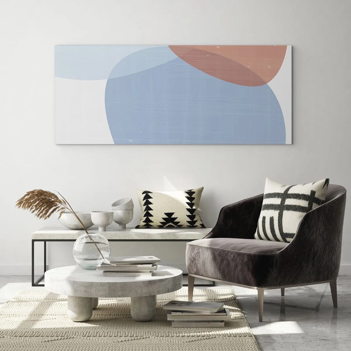 Glasbild - Bild auf glas - Eine abstrakte Komposition in Pastelltönen von Blau und Rosa mit organischen Formen. - 120x50cm - Pastellbeziehungen - Moderne Wanddekoration für Wohnzimmer und Schlafzimmer ARTTOR