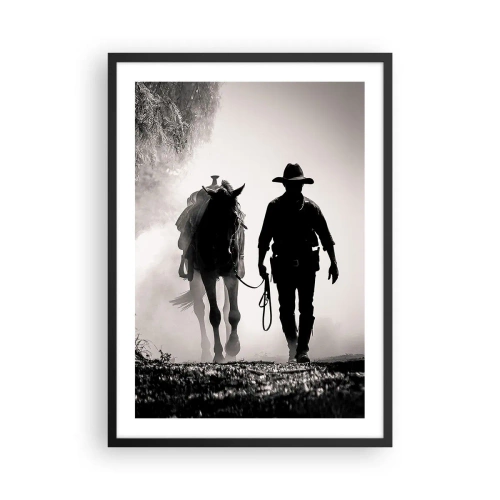 Poster in einem schwarzem Rahmen - Silhouette eines Cowboys mit seinem Pferd im Morgennebel - 50x70cm - Texas-Morgen - Moderne Wanddekoration für Wohnzimmer und Schlafzimmer ARTTOR