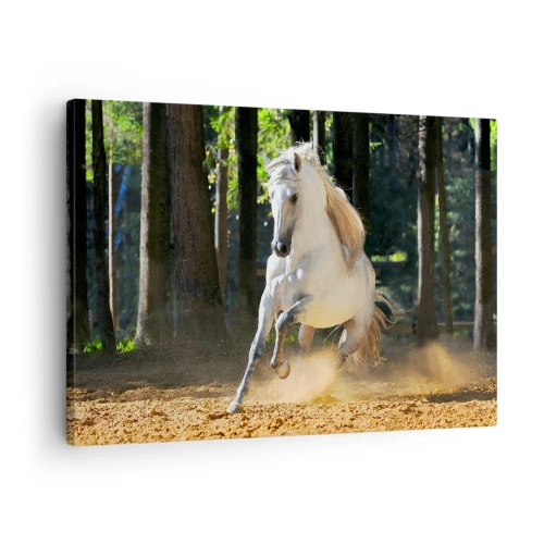Bild auf Leinwand - Leinwandbild - Ein weißes Pferd galoppiert durch eine Waldlichtung - 70x50cm - Wie aus einem Fantasy-Roman - Moderne Wanddekoration für Wohnzimmer und Schlafzimmer ARTTOR