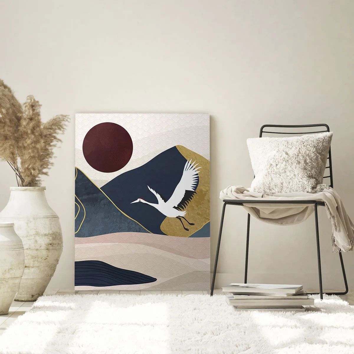 Glasbild - Bild auf glas - Kraniche im Flug vor der Kulisse der Berge und einer roten Sonne - 70x100cm - Es ist wieder ein Tag VERFLOGEN - Moderne Wanddekoration für Wohnzimmer und Schlafzimmer ARTTOR