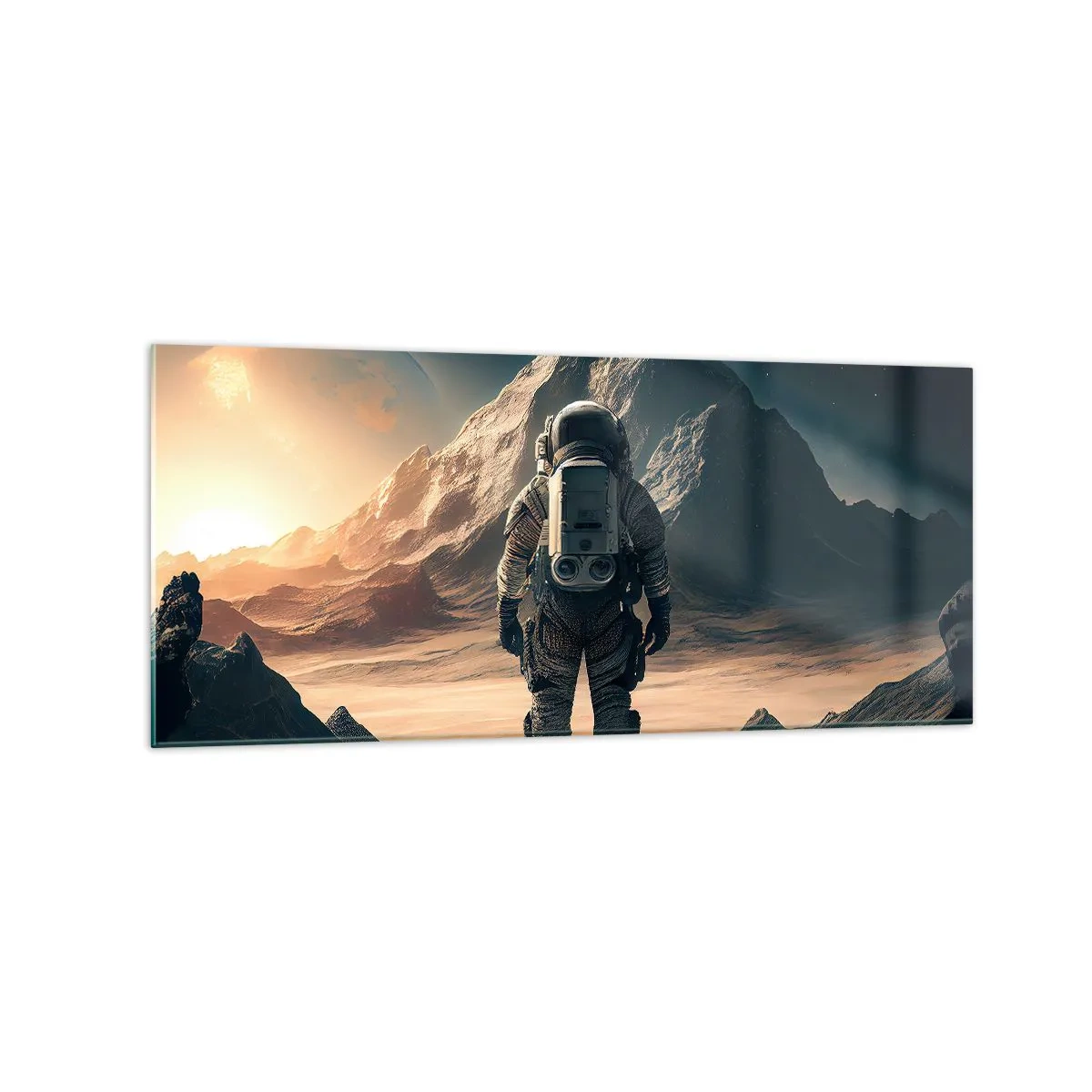 Glasbild - Bild auf glas - Astronaut vor der Kulisse majestätischer Berge - 120x50cm - Neue Herausforderung - Moderne Wanddekoration für Wohnzimmer und Schlafzimmer ARTTOR