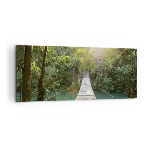 Bild auf Leinwand - Leinwandbild - Über das azurblaue Wasser zum azurblauen Wald - 100x40 cm