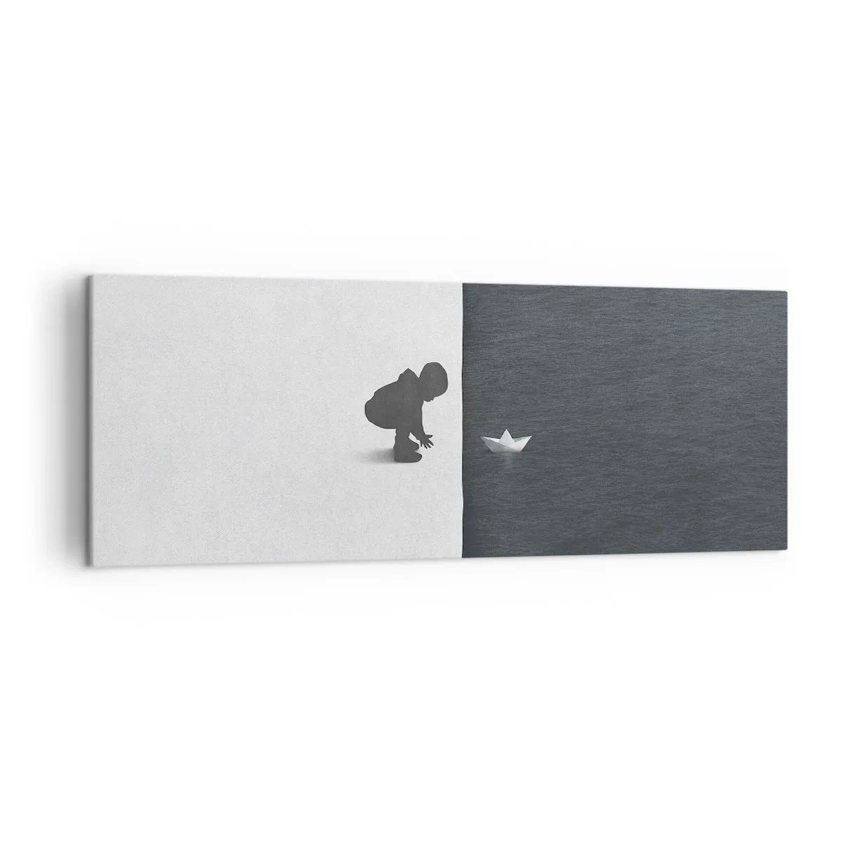 Bild auf Leinwand - Leinwandbild - Eine Kinderfigur mit einem Papierboot vor einem Hintergrund aus kontrastierenden Hälften - 140x50cm - Tolle Expedition - Moderne Wanddekoration für Wohnzimmer und Schlafzimmer ARTTOR