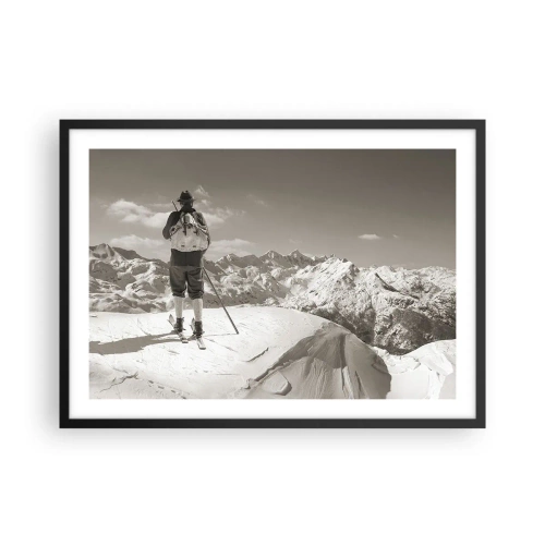 Poster in einem schwarzem Rahmen - Ein Skifahrer auf einem Berggipfel in Schwarz und Weiß - 70x50cm - Und die Berge bleiben unverändert - Moderne Wanddekoration für Wohnzimmer und Schlafzimmer ARTTOR