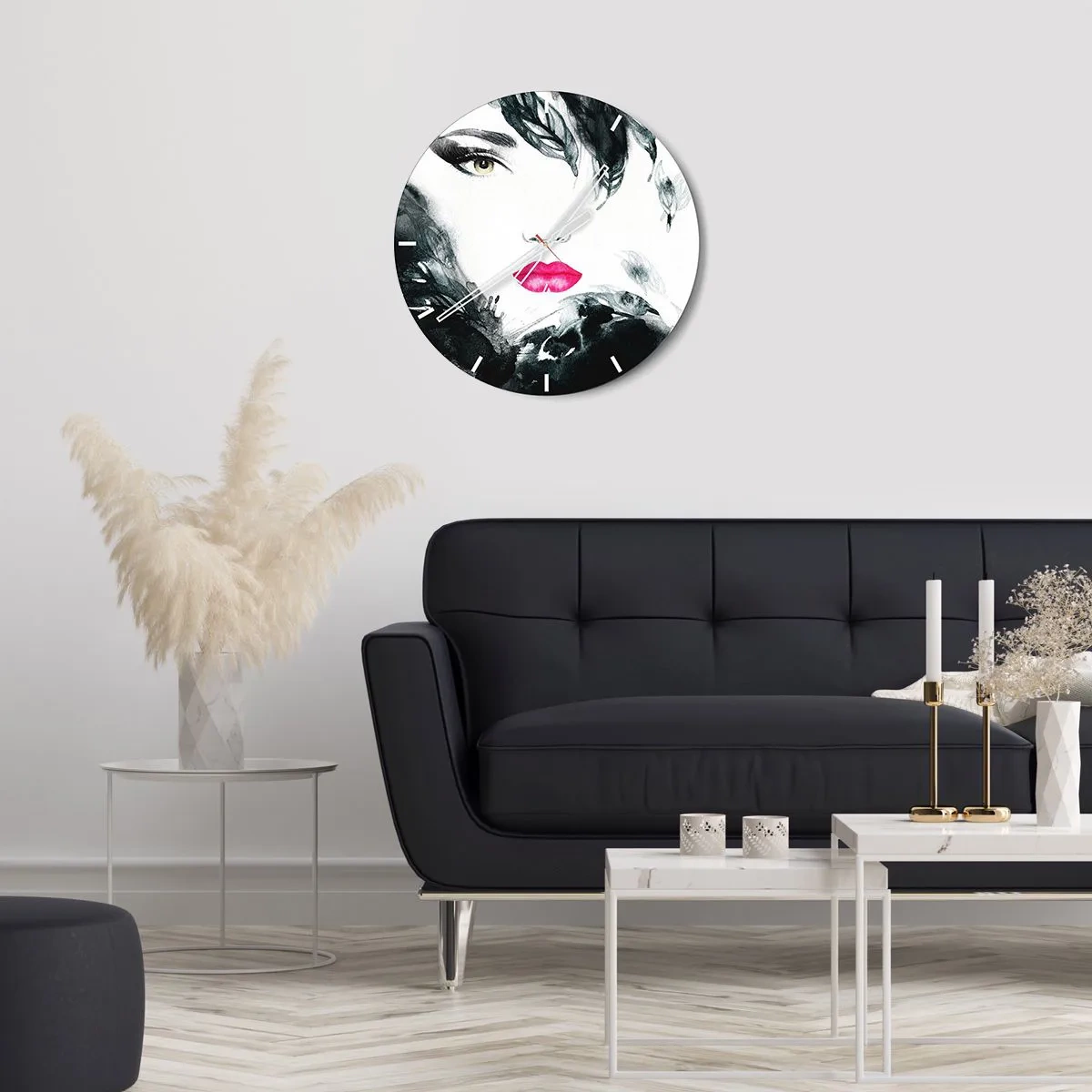 Wanduhr - Glasuhr - Künstlerisches Porträt einer Frau mit ausdrucksstarken Lippen und Augen - 30x30cm - Beachtung! Femme fatale - Moderne Wanddekoration für Wohnzimmer, Küche und Schlafzimmer ARTTOR