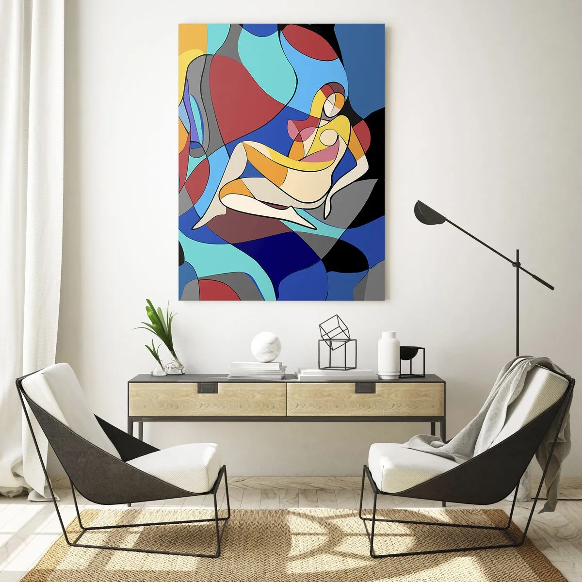 Glasbild - Bild auf glas - Kubistische Frau in einer abstrakten Komposition - 50x70cm - Kubistischer Akt - Moderne Wanddekoration für Wohnzimmer und Schlafzimmer ARTTOR