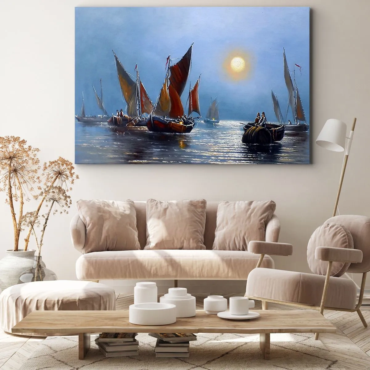 Bild auf Leinwand - Leinwandbild - Boote mit Segeln auf ruhigem Wasser bei Sonnenuntergang - 70x50cm - Nachtfang - Moderne Wanddekoration für Wohnzimmer und Schlafzimmer ARTTOR