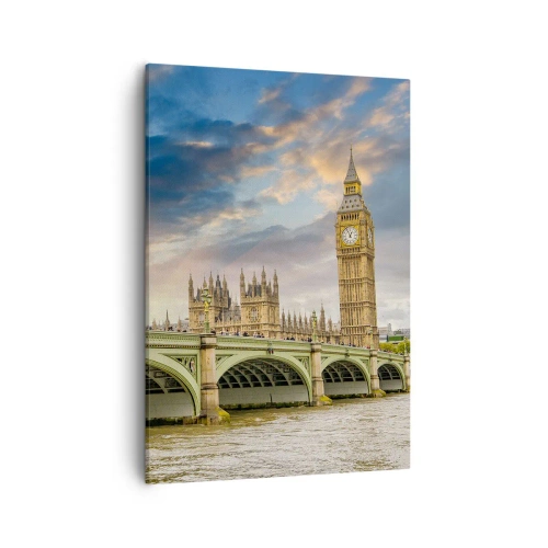 Bild auf Leinwand - Leinwandbild - Big Ben und Westminster Bridge gegen den Himmel in der Abenddämmerung - 50x70cm - Im Imperium ist die Zeit stehen geblieben - Moderne Wanddekoration für Wohnzimmer und Schlafzimmer ARTTOR