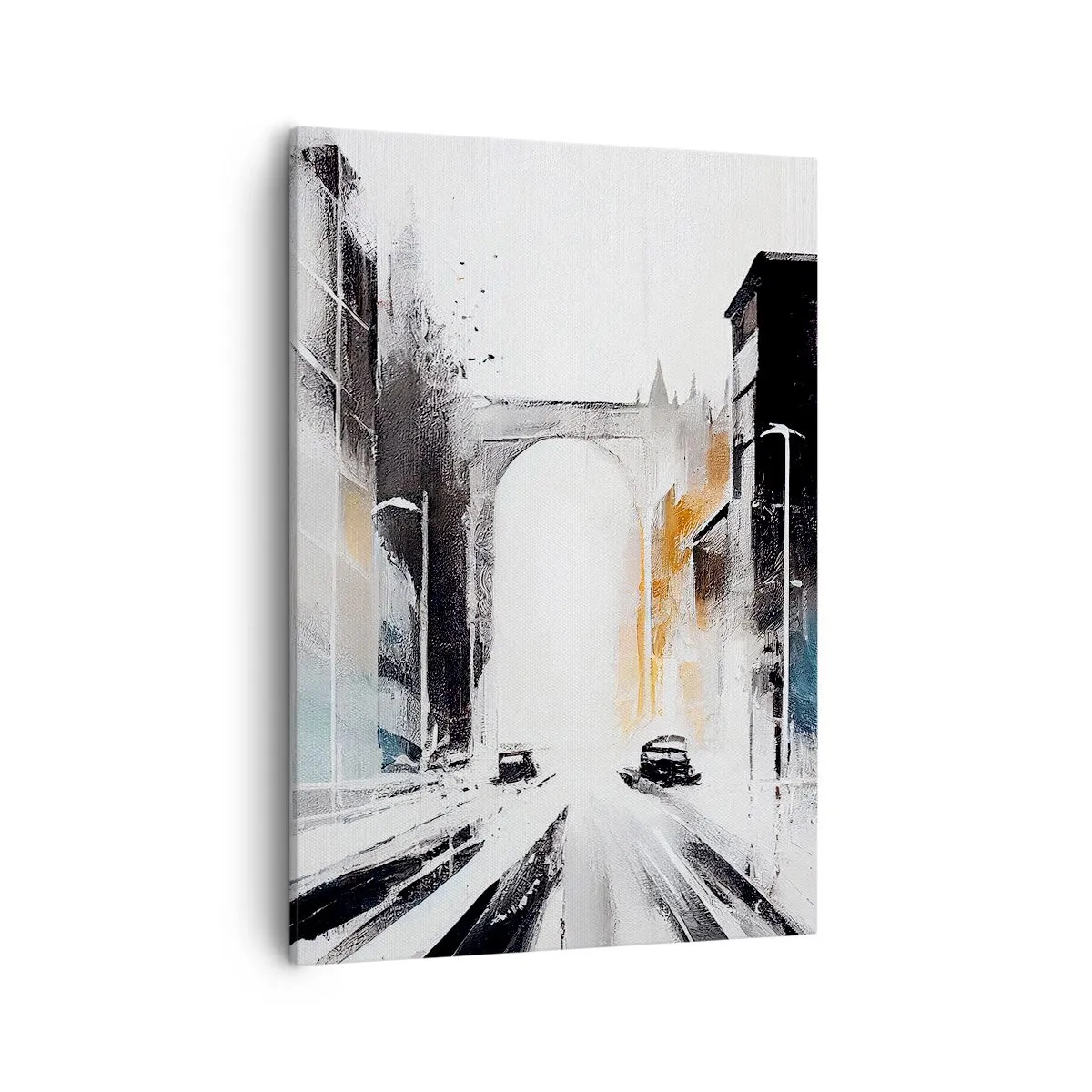 Bild auf Leinwand - Leinwandbild - Abstraktes Stadtpanorama mit einer Bogenbrücke - 50x70cm - Stadtstudie: Architektur und Bewegung - Moderne Wanddekoration für Wohnzimmer und Schlafzimmer ARTTOR