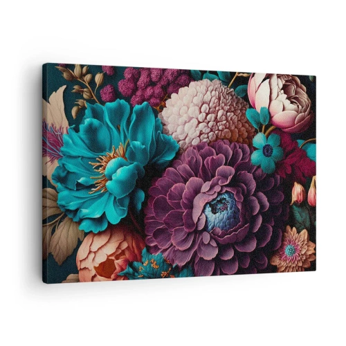 Bild auf Leinwand - Leinwandbild - Ein Blumenstrauß in intensiven Farben auf dunklem Hintergrund - 70x50cm - Natur in Hülle und Fülle - Moderne Wanddekoration für Wohnzimmer und Schlafzimmer ARTTOR