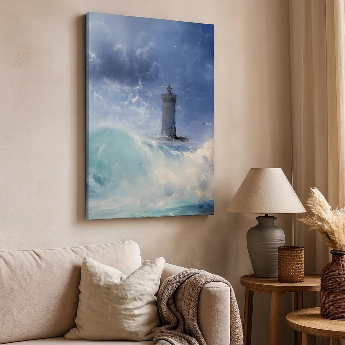 Bild auf Leinwand - Leinwandbild - Ein Leuchtturm, umgeben von rauen Wellen und Wolken - 50x70cm - Auf der Hut vor den Elementen - Moderne Wanddekoration für Wohnzimmer und Schlafzimmer ARTTOR