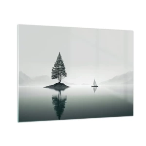 Glasbild - Bild auf glas - Ein einsamer Baum auf einer Insel und ein Segelboot auf einem ruhigen See - 70x50cm - Traum - Moderne Wanddekoration für Wohnzimmer und Schlafzimmer ARTTOR