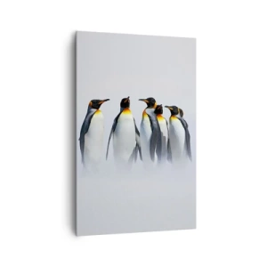 Bild auf Leinwand - Leinwandbild - Eine Gruppe Kaiserpinguine im Winternebel - 80x120cm - Treffen in Abendkleidern - Moderne Wanddekoration für Wohnzimmer und Schlafzimmer ARTTOR