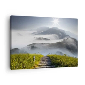 Bild auf Leinwand - Leinwandbild - Steintreppen führen durch die in Morgennebel gehüllten Berge - 70x50cm - Immer noch den Wolken entgegen - Moderne Wanddekoration für Wohnzimmer und Schlafzimmer ARTTOR