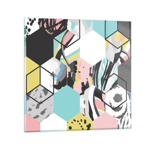 Glasbild - Bild auf glas - Sechsecke und Würfel in sechs Farben - 60x60 cm