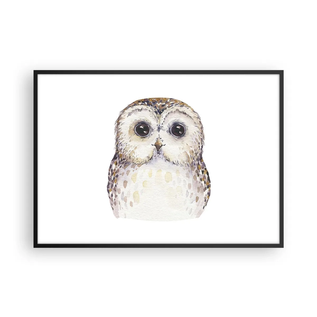 Poster in einem schwarzem Rahmen - Porträt einer Eule auf hellem Hintergrund mit zarten Farben - 100x70cm - Schau mir in die Augen - Moderne Wanddekoration für Wohnzimmer und Schlafzimmer ARTTOR