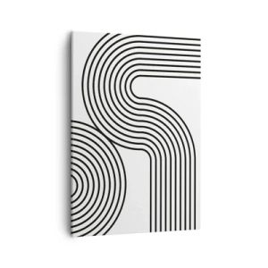 Bild auf Leinwand - Leinwandbild - Ein abstraktes Gemälde mit schwarzen Linien, die geometrische Muster auf weißem Hintergrund erzeugen. - 50x70cm - An der Kurve - Moderne Wanddekoration für Wohnzimmer und Schlafzimmer ARTTOR