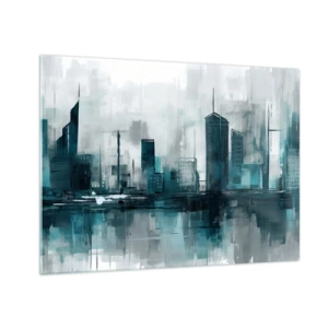 Glasbild - Bild auf glas - Eine moderne Stadt in Blau- und Grautönen - 70x50cm - Eine Stadt in der Farbe des Regens - Moderne Wanddekoration für Wohnzimmer und Schlafzimmer ARTTOR