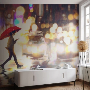 Fototapete Premium Sand - Und doch sonnig - Stadt, Im Regen spazieren gehen, Regenschirm - 450x315 cm