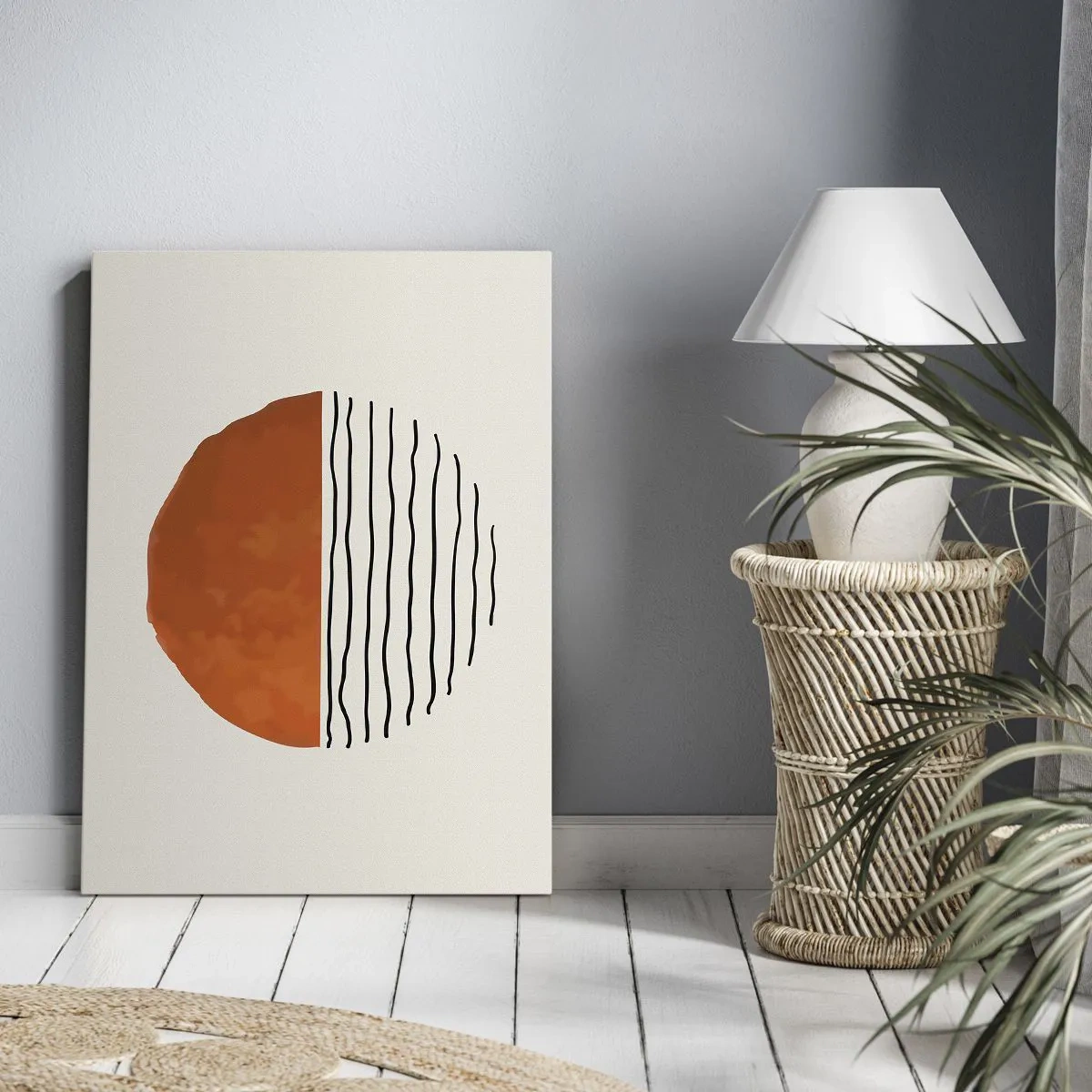 Bild auf Leinwand - Leinwandbild - Ein minimalistischer Sonnenuntergang über wellenartigen Linien - 80x120cm - Im japanischen Klima - Moderne Wanddekoration für Wohnzimmer und Schlafzimmer ARTTOR