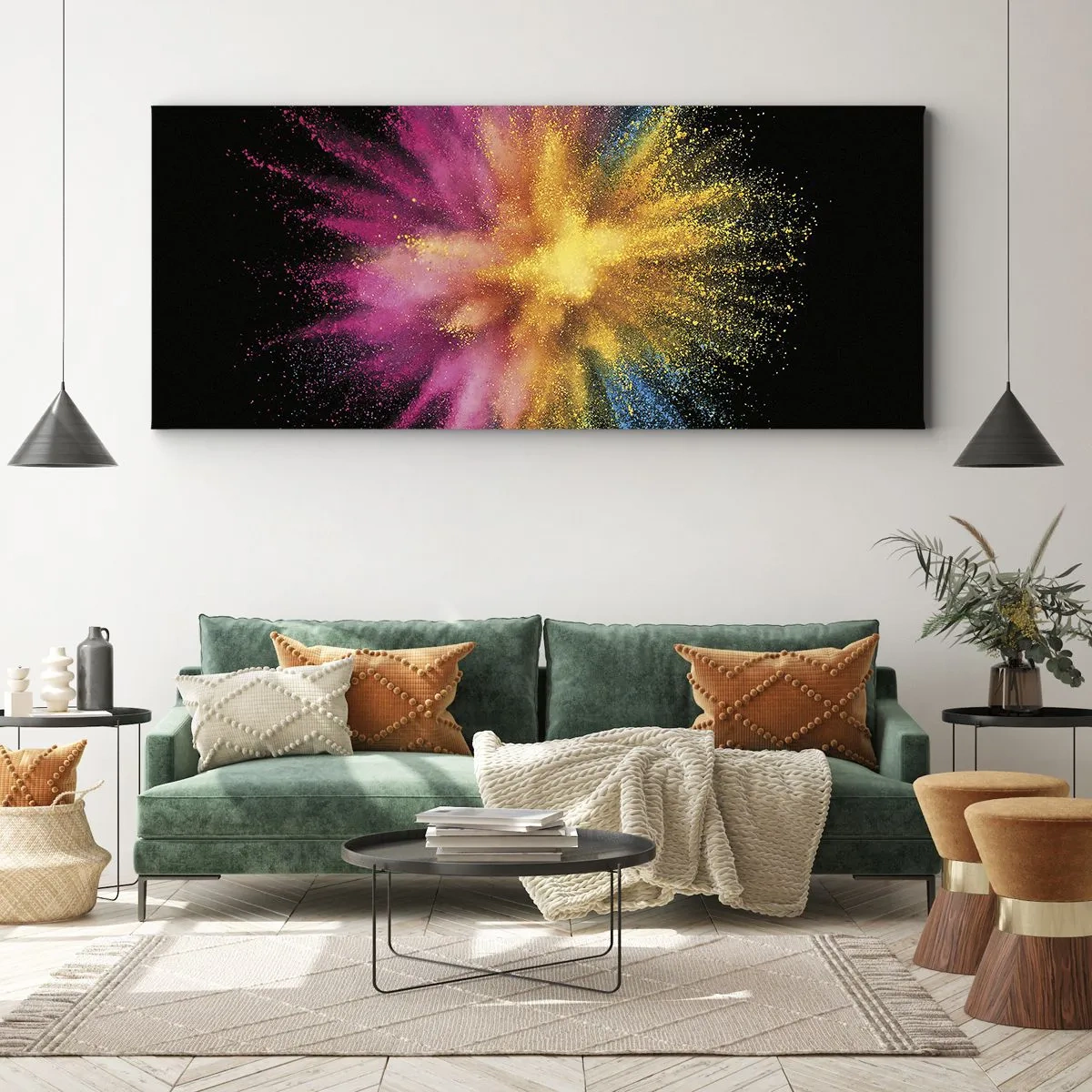 Bild auf Leinwand - Leinwandbild - Bunte Pulverexplosion auf schwarzem Hintergrund - 120x50cm - Die Geburt der Farben - Moderne Wanddekoration für Wohnzimmer und Schlafzimmer ARTTOR