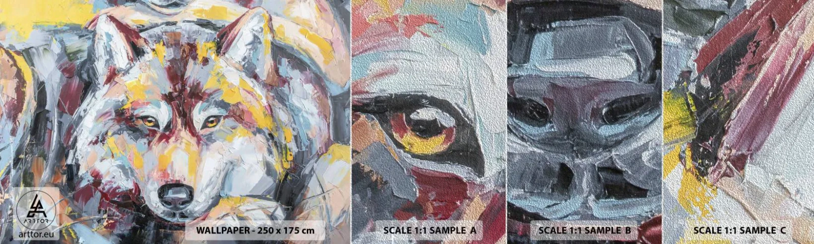 Fototapeten Muster Premium Sand - Seelenfrieden unter den Lieben - Abstraktion, Wolf, Malerei - 100x30 cm