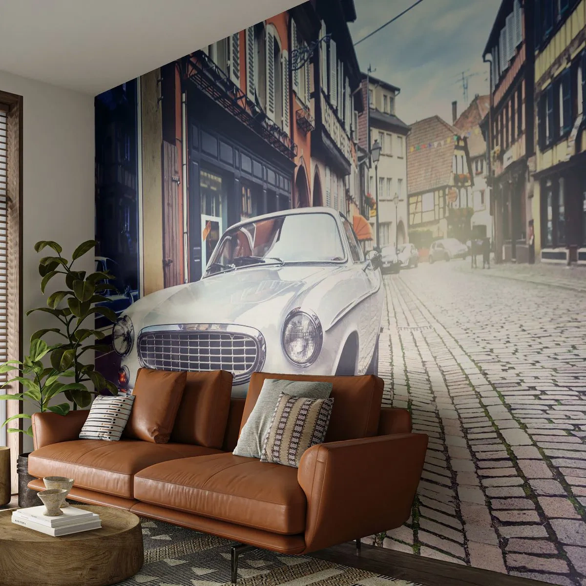 Fototapete Premium Sand - Oldtimer auf einer Kopfsteinpflasterstraße in einer historischen Stadt - 100x70cm - Die Vergangenheit ist heute - Moderne Wanddekoration für Wohnzimmer und Schlafzimmer ARTTOR