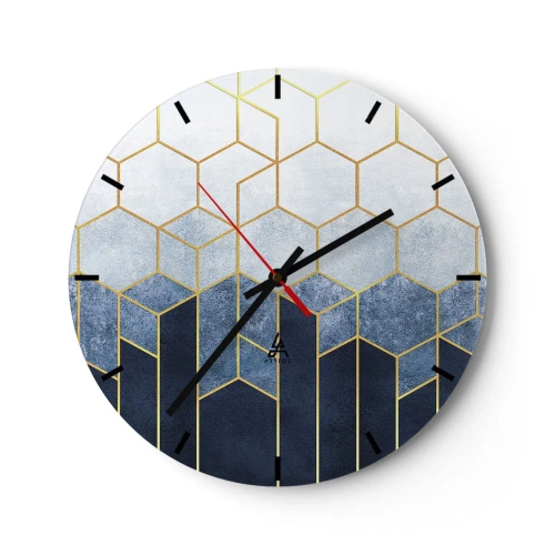 Wanduhr - Glasuhr - Geometrisches Würfelmuster in Blau- und Goldtönen - 30x30cm - Komposition im synkopischen Rhythmus - Moderne Wanddekoration für Wohnzimmer, Küche und Schlafzimmer ARTTOR