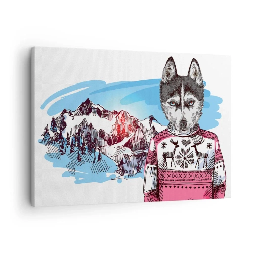 Bild auf Leinwand - Leinwandbild - Ein Wolf im Winterpullover vor einer Berglandschaft - 70x50cm - Ein Wolf in Schafwolle - Moderne Wanddekoration für Wohnzimmer und Schlafzimmer ARTTOR