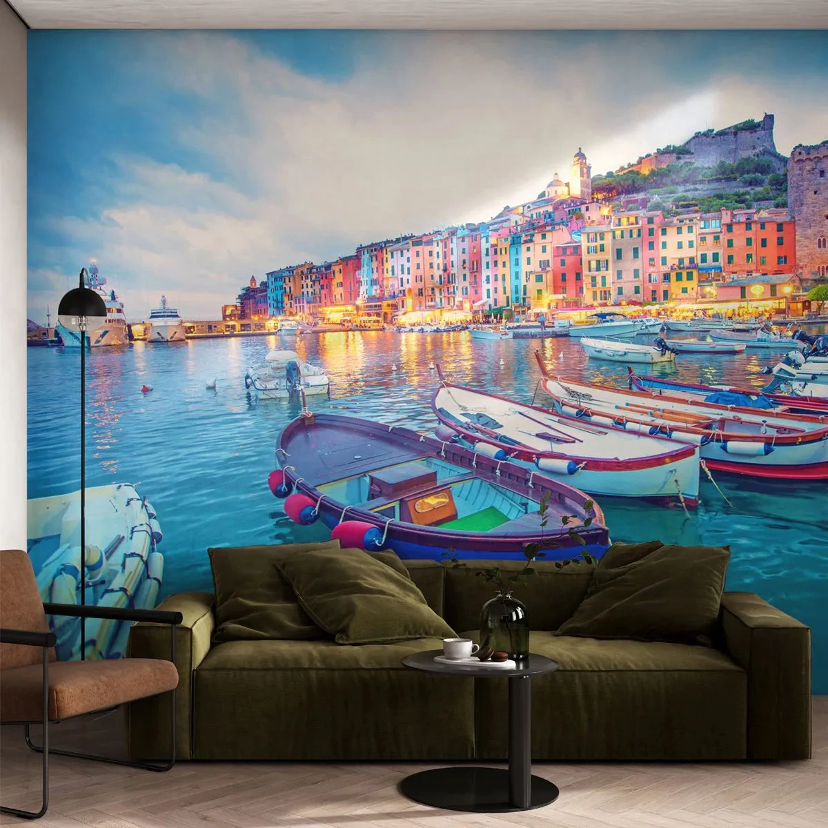 Fototapete Premium Sand - Der farbenfrohe Hafen einer Küstenstadt bei Sonnenuntergang - 100x70cm - Bunter Abend im Hafen - Moderne Wanddekoration für Wohnzimmer und Schlafzimmer ARTTOR