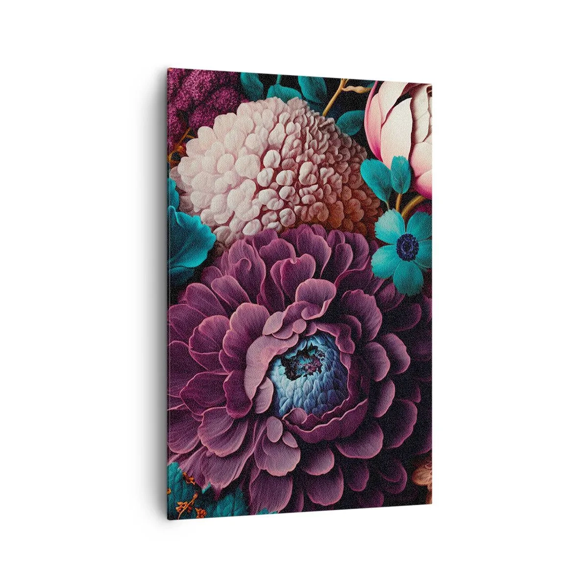 Bild auf Leinwand - Leinwandbild - Ein Blumenstrauß in intensiven Farben auf dunklem Hintergrund - 80x120cm - Natur in Hülle und Fülle - Moderne Wanddekoration für Wohnzimmer und Schlafzimmer ARTTOR