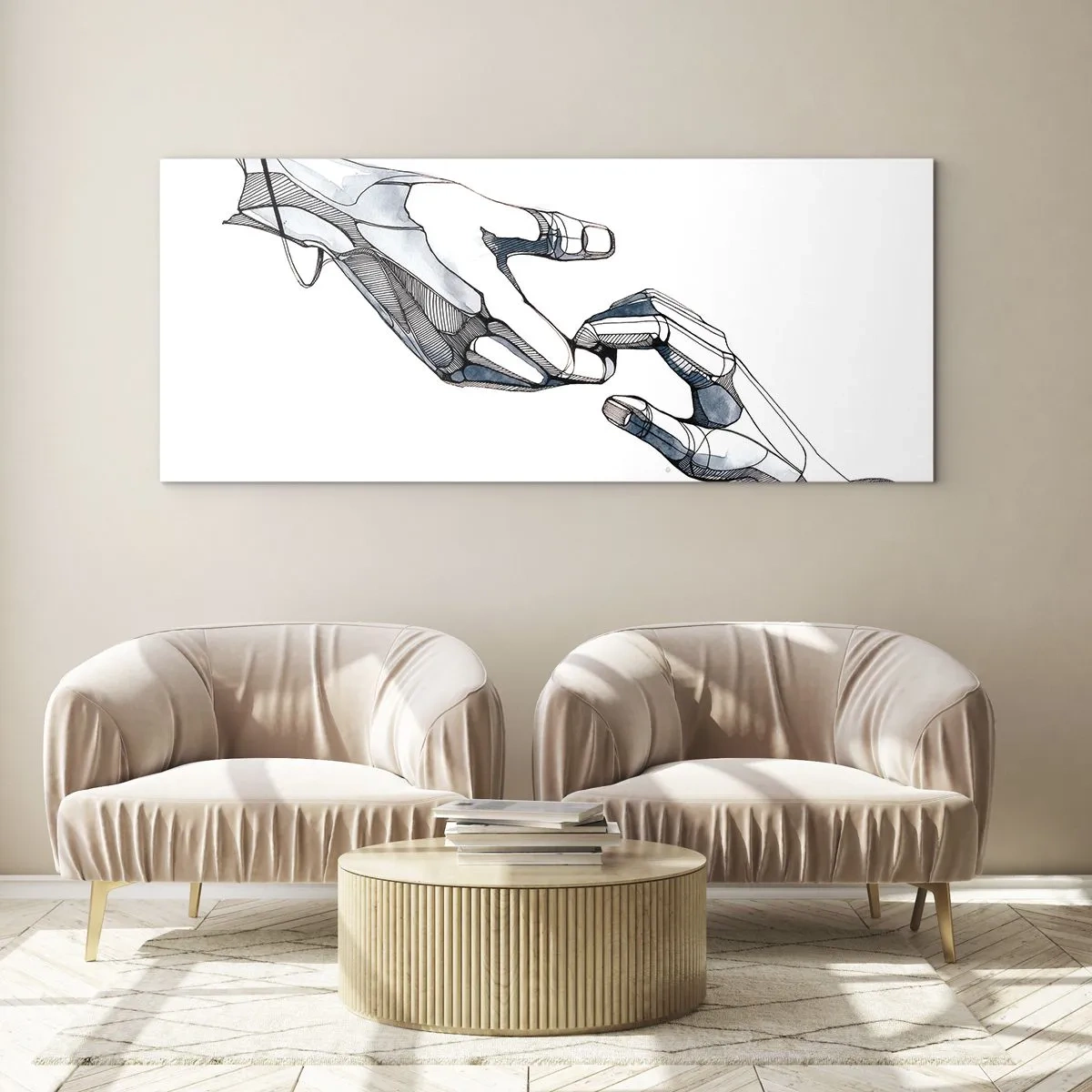 Glasbild - Bild auf glas - Künstlerische Darstellung einer Hand in minimalistischer und geometrischer Form - 160x50cm - Eine gute Geste - Moderne Wanddekoration für Wohnzimmer und Schlafzimmer ARTTOR