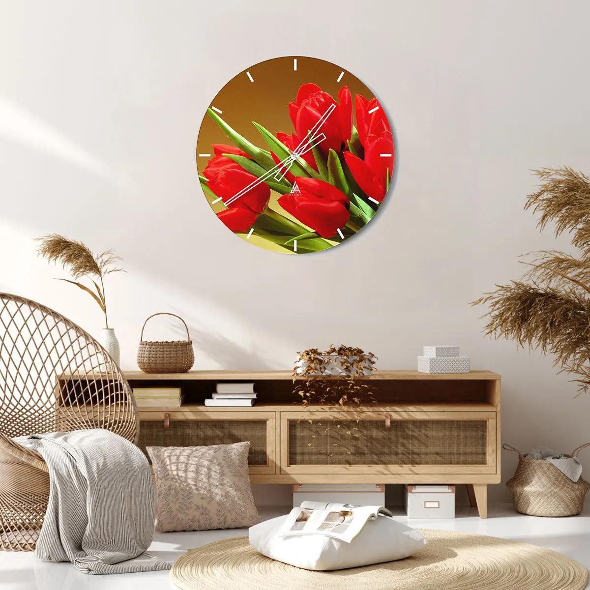 Wanduhr - Glasuhr - Ein Strauß roter Tulpen auf goldenem Hintergrund - 30x30cm - Ein Haufen Frühlingsfreude - Moderne Wanddekoration für Wohnzimmer, Küche und Schlafzimmer ARTTOR