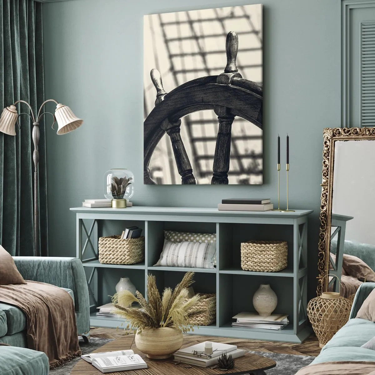 Bild auf Leinwand - Leinwandbild - Ein Segelruder im Retro-Stil mit einem Schiff im Hintergrund - 50x70cm - Meeresgeschichten - Moderne Wanddekoration für Wohnzimmer und Schlafzimmer ARTTOR
