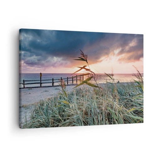 Bild auf Leinwand - Leinwandbild - Strand bei Sonnenuntergang mit Gräsern im Vordergrund - 70x50cm - Es vergeht nicht mit dem Wind - Moderne Wanddekoration für Wohnzimmer und Schlafzimmer ARTTOR