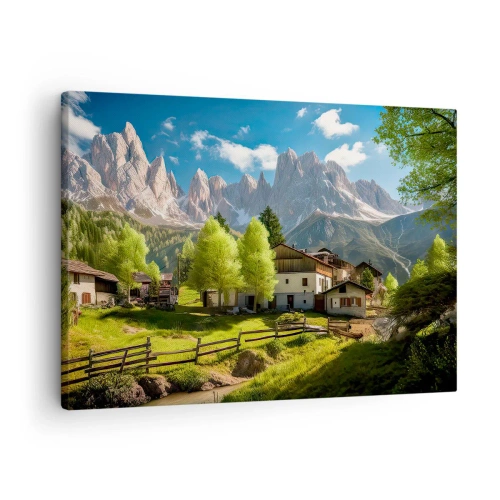 Bild auf Leinwand - Leinwandbild - Ein Bergdorf mit Häusern und Blick auf die Alpen - 70x50cm - Alpenidylle - Moderne Wanddekoration für Wohnzimmer und Schlafzimmer ARTTOR