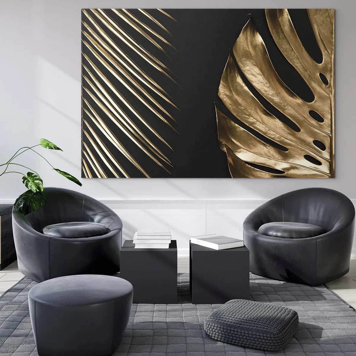 Glasbild - Bild auf glas - Goldene Palmblätter und Monsteras auf schwarzem Hintergrund - 70x50cm - Anders und genauso teuer - Moderne Wanddekoration für Wohnzimmer und Schlafzimmer ARTTOR