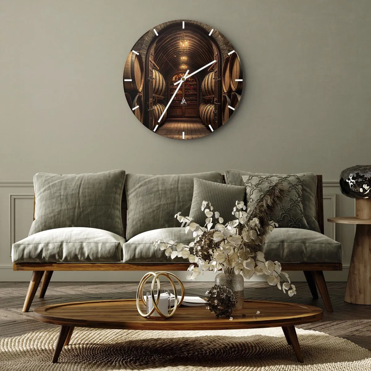 Wanduhr - Glasuhr - Holzfässer in einem beleuchteten Weinkeller - 30x30cm - Stimmungsvoller Keller - Moderne Wanddekoration für Wohnzimmer, Küche und Schlafzimmer ARTTOR