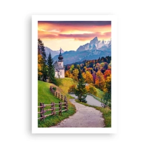 Poster - Bergkapelle zwischen herbstlichen Bäumen bei Sonnenuntergang - 50x70cm - Landschaftsartige Malerei - Moderne Wanddekoration für Wohnzimmer und Schlafzimmer ARTTOR