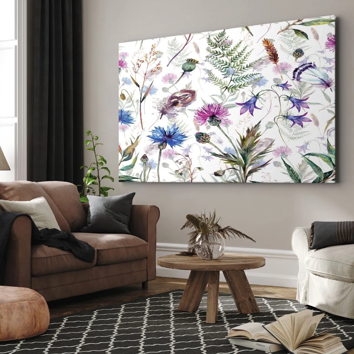 Bild auf Leinwand - Leinwandbild - Aquarellblumen und Kräuter auf weißem Hintergrund im Herbarium-Stil - 100x70cm - Polnisches Herbarium - Moderne Wanddekoration für Wohnzimmer und Schlafzimmer ARTTOR