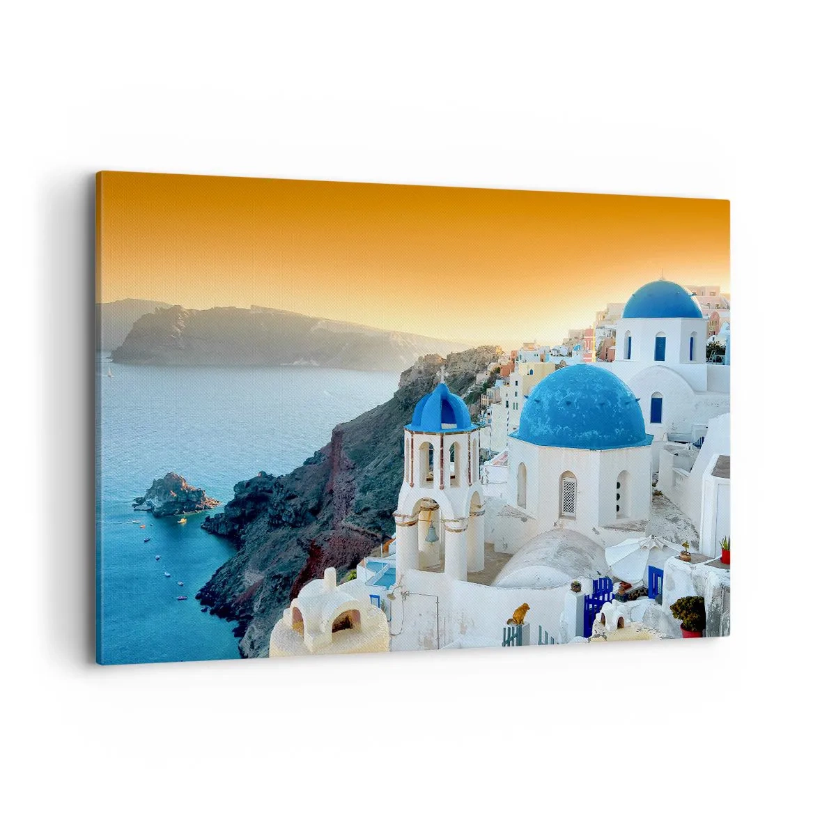 Bild auf Leinwand - Leinwandbild - Blick auf Santorini mit weißen Gebäuden und blauem Meer - 120x80cm - Santorini - an die Felsen gekuschelt - Moderne Wanddekoration für Wohnzimmer und Schlafzimmer ARTTOR