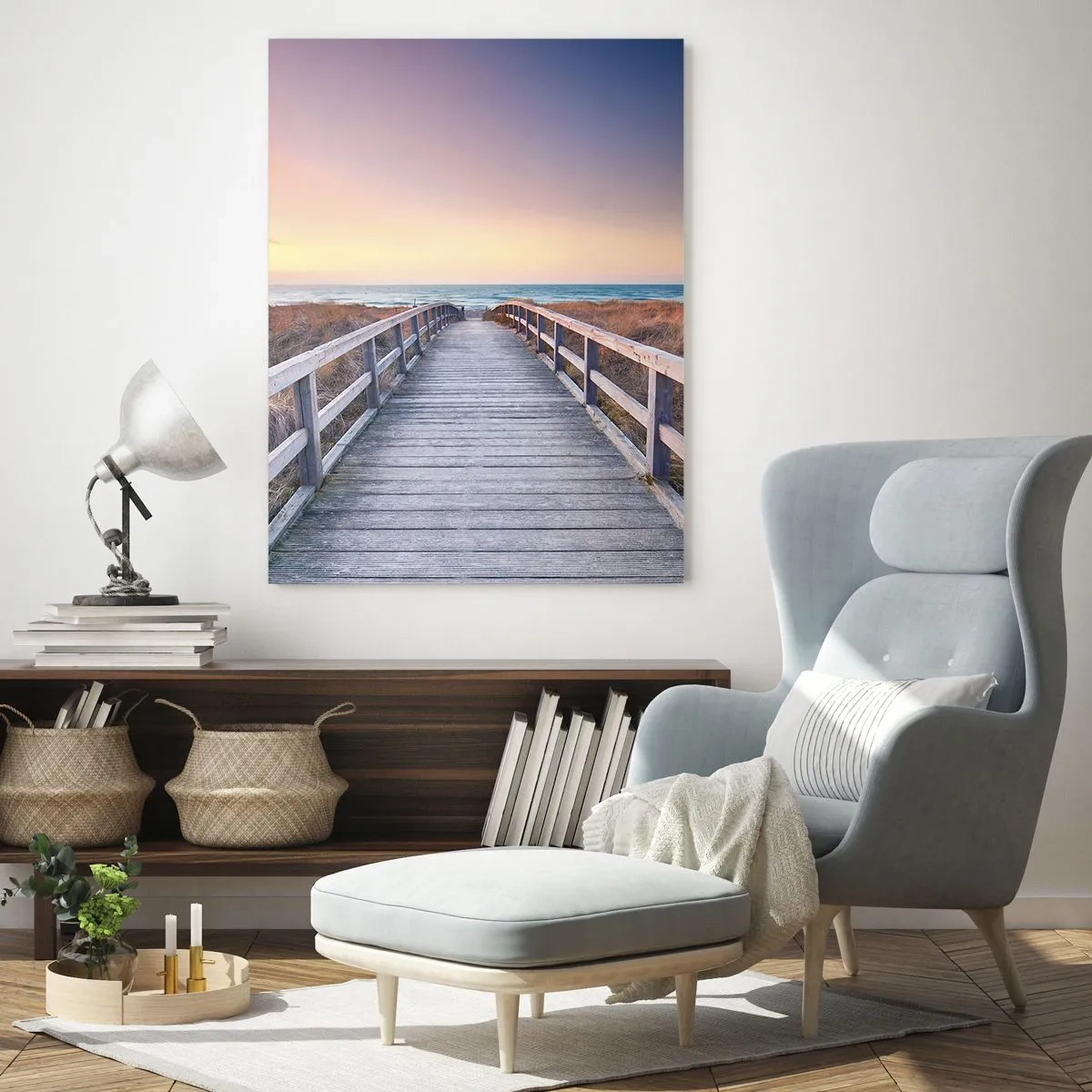 Glasbild - Bild auf glas - Holzsteg zum Strand bei Sonnenuntergang - 50x70cm - Baltische Abend-Aurora - Moderne Wanddekoration für Wohnzimmer und Schlafzimmer ARTTOR