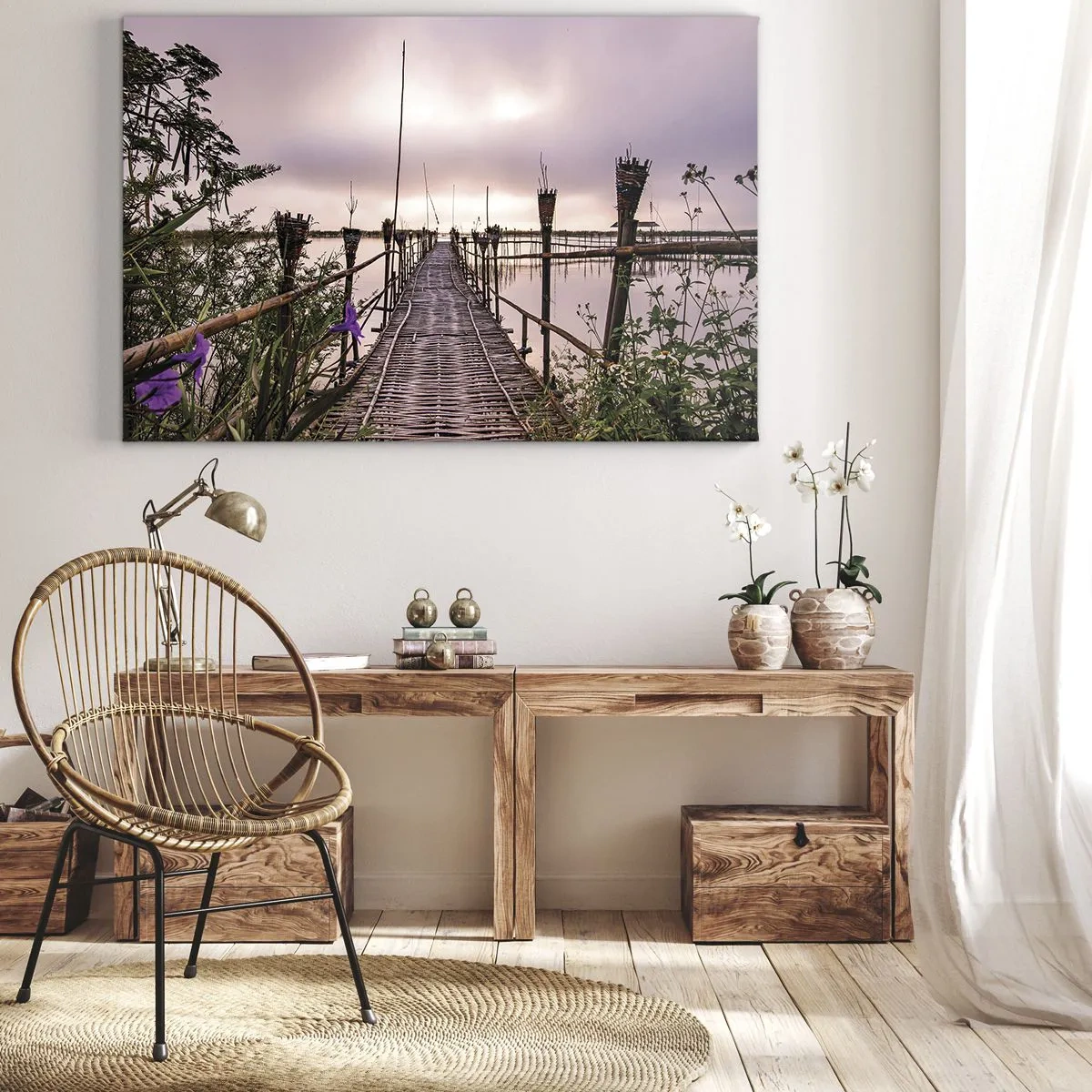 Bild auf Leinwand - Leinwandbild - Bambusbrücke über das Wasser im Morgengrauen - 70x50cm - Frieden und Ruhe Asiens - Moderne Wanddekoration für Wohnzimmer und Schlafzimmer ARTTOR