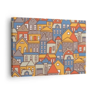 Bild auf Leinwand - Leinwandbild - Bunte Häuser im grafischen Stil auf hellem Hintergrund - 70x50cm - Hinter dem Haus ist das Haus - Moderne Wanddekoration für Wohnzimmer und Schlafzimmer ARTTOR