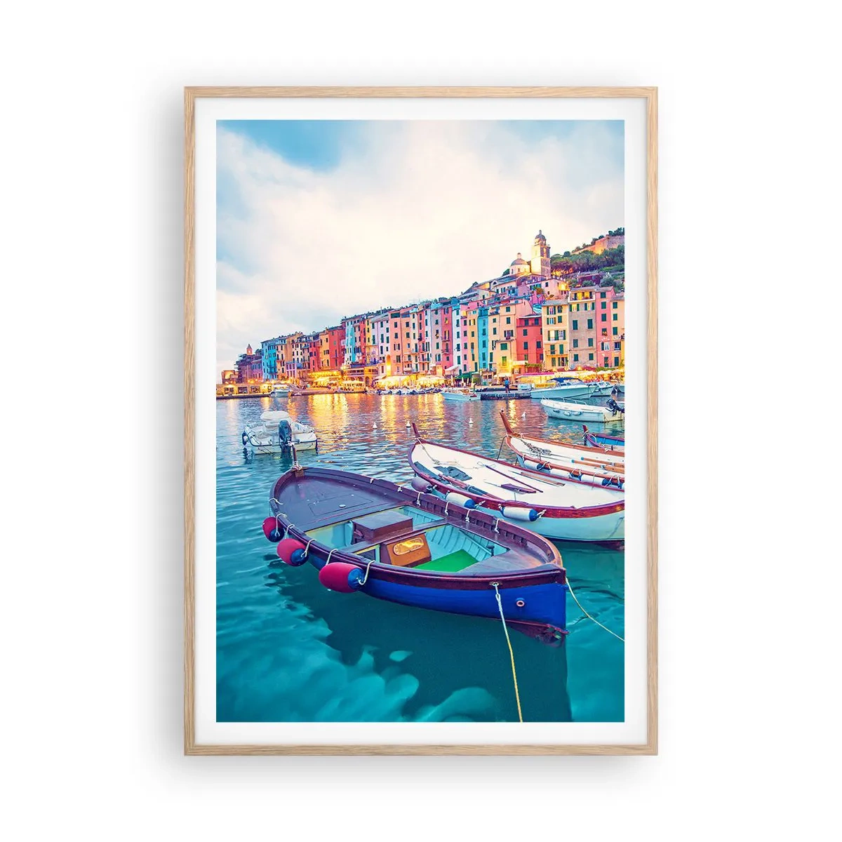 Poster in einem Rahmen aus heller Eiche - Bunter Abend im Hafen - 70x100 cm