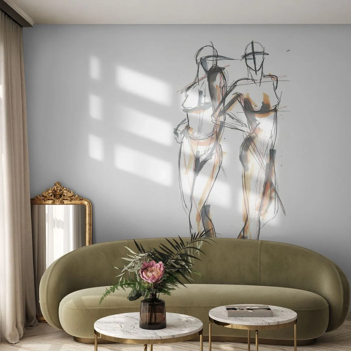 Fototapete Premium Sand - Eine minimalistische Skizze zweier Figuren in einer dynamischen Pose. - 100x70cm - Studie der Gnade - Moderne Wanddekoration für Wohnzimmer und Schlafzimmer ARTTOR
