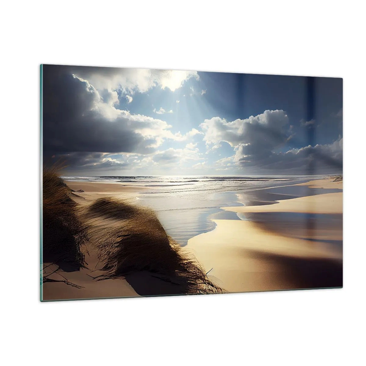 Glasbild - Bild auf glas - Ein wilder Strand, beleuchtet von den Sonnenstrahlen unter den Wolken - 120x80cm - Strand, wilder Strand - Moderne Wanddekoration für Wohnzimmer und Schlafzimmer ARTTOR